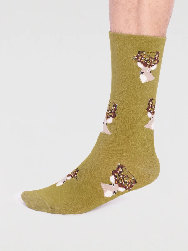 Unisex socks stylish white-Celyn Organic Cotton Christmas Stag Socks - Lichen Green