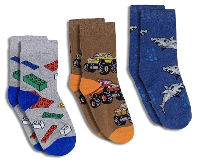 Unisex socks everyday white-Kid's 3 Pack Building Blocks, Monster Trucks and Sharks Crew Sock -1-2 Years