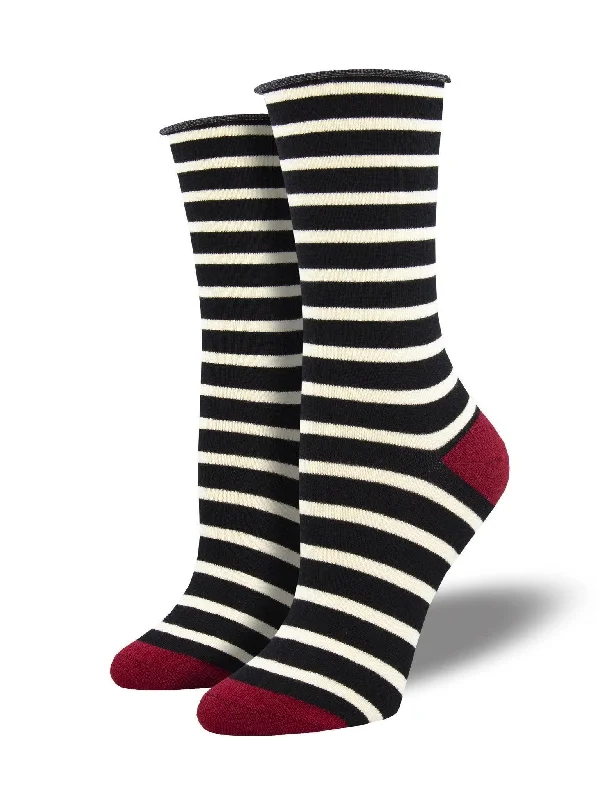 Unisex socks durable tan-Sailor Stripe Roll Top | Women's Bamboo Crew