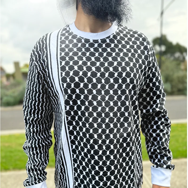 Men's T-shirts stylish tan-Palestine Keffiyeh Black & White Full Sleeves T-Shirt for Adults