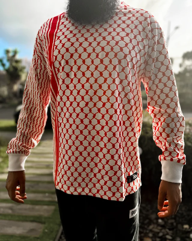 Men's T-shirts lightweight black-Palestine Keffiyeh White & Red Full Sleeve T-Shirt