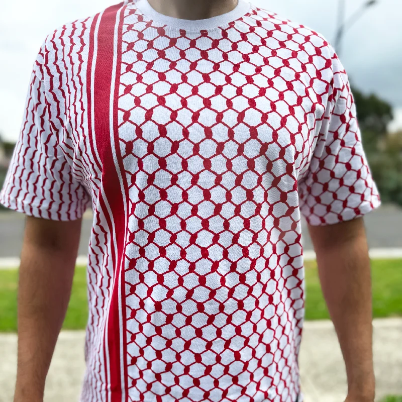 Men's T-shirts soft white-Palestine Keffiyeh White & Red Full Sleeve T-Shirt