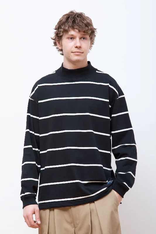 Men's T-shirts casual navy-Striped Drawstring Mockneck Black/Off-White