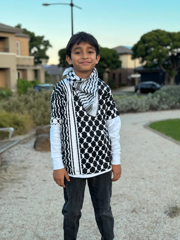 Men's T-shirts graphic navy-Keffiyeh Pattern Black & White T-Shirt for Kids' Fashion