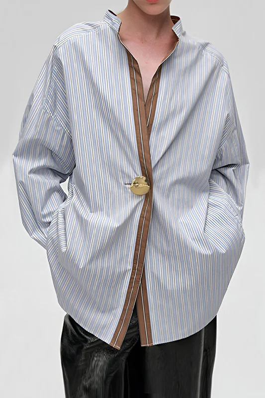 Men's long-sleeve shirts trendy brown-Stripes Print Button Long-Sleeve Shirt