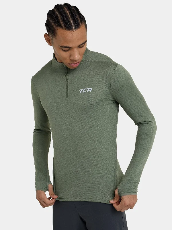 Men's long-sleeve shirts soft tan-Cloud Fleece Quarter Zip Running Top For Men With Thumbholes & Side Zip Pocket