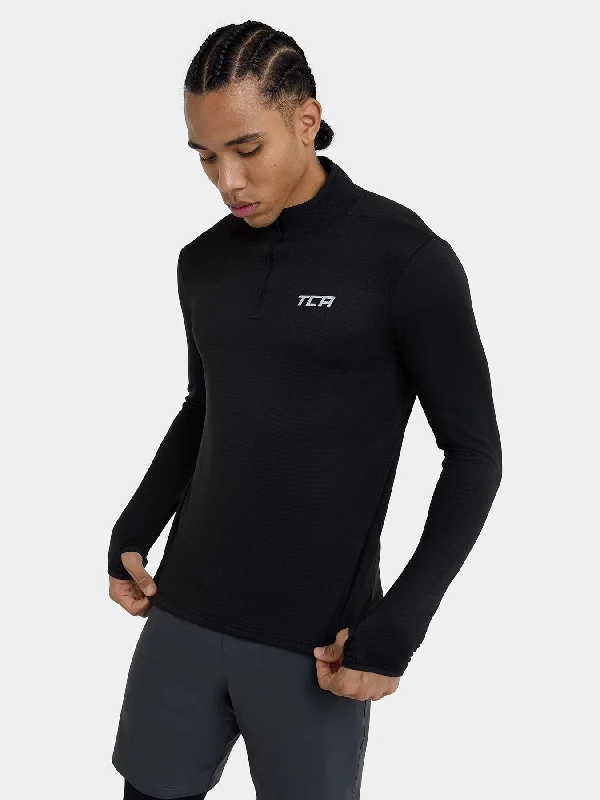 Men's long-sleeve shirts everyday navy-Cloud Fleece Quarter Zip Running Top For Men With Thumbholes & Side Zip Pocket