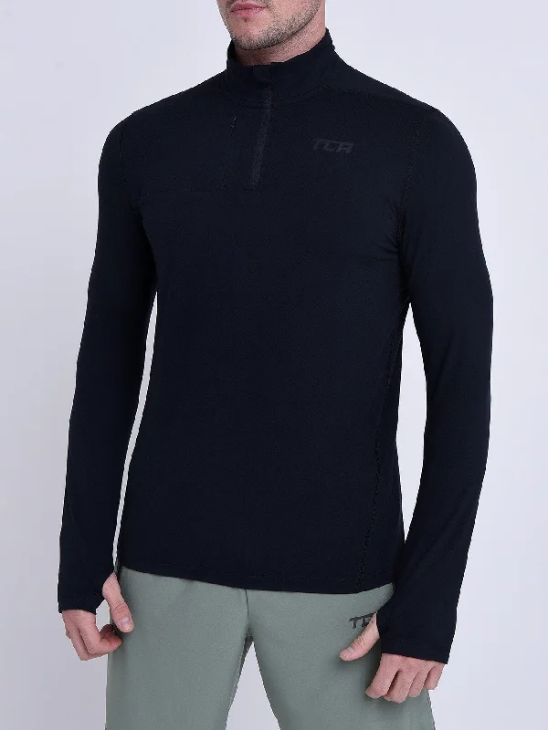 Men's long-sleeve shirts slim navy-Fusion Half Zip Running Top For Men With Thumbholes & Chest Zip Pocket