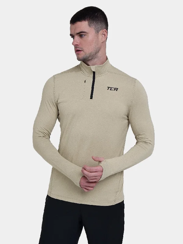 Men's long-sleeve shirts trendy brown-Fusion Half Zip Running Top For Men With Thumbholes & Chest Zip Pocket