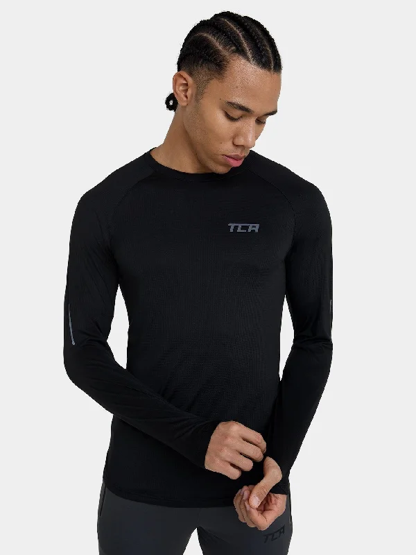 Men's long-sleeve shirts trendy navy-Sonic Long Sleeve Crew Neck Running Top With Thumbholes & Reflective Strips