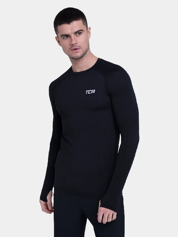 Men's long-sleeve shirts breathable navy-Stamina Long Sleeve Crew Neck Running Top For Men With Thumbholes & Back Zip Pocket