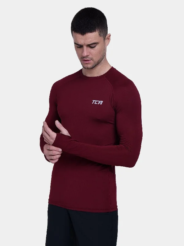 Men's long-sleeve shirts stylish brown-Stamina Long Sleeve Crew Neck Running Top For Men With Thumbholes & Back Zip Pocket