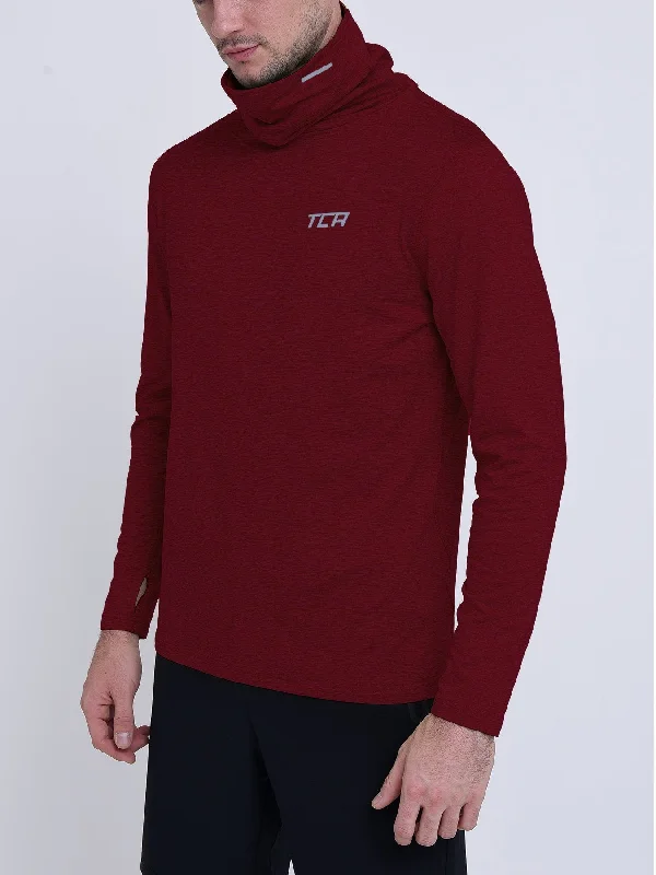 Men's long-sleeve shirts casual green-Warm-Up Thermal Long Sleeve Funnel Neck Top For Men With Brushed Inner Fabric, Thumbholes & Reflective Strips