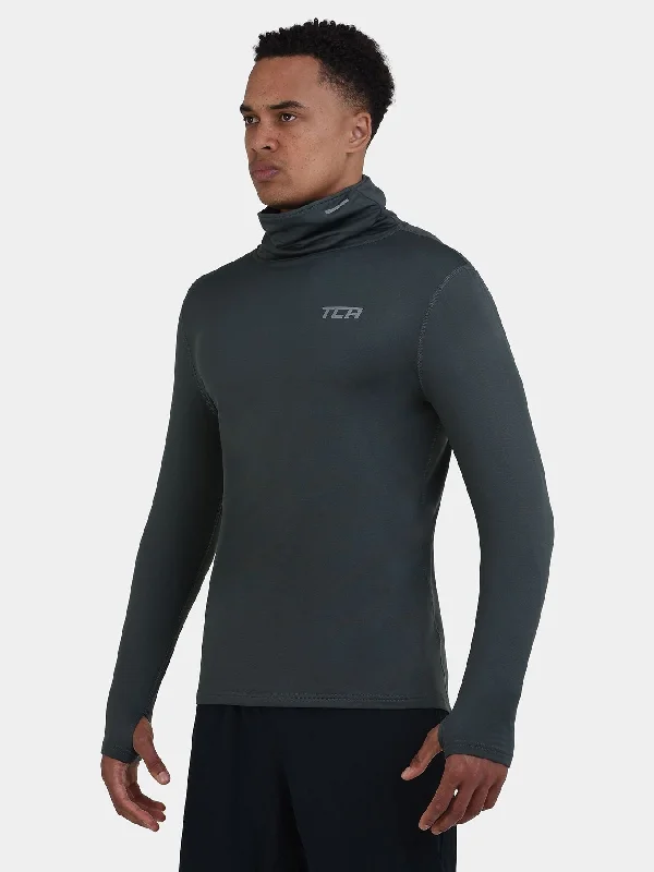 Men's long-sleeve shirts stylish tan-Warm-Up Thermal Long Sleeve Funnel Neck Top For Men With Brushed Inner Fabric, Thumbholes & Reflective Strips