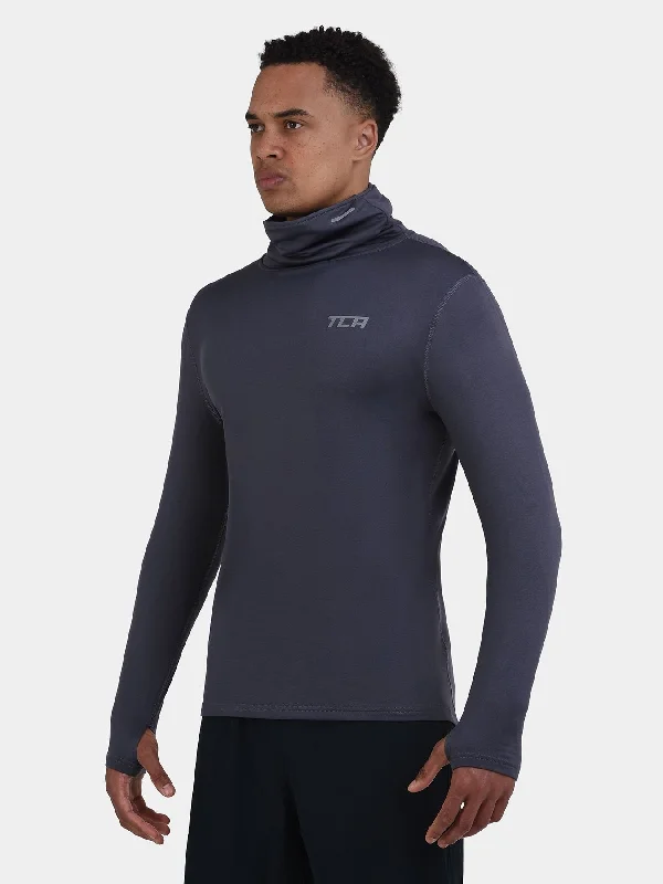 Men's long-sleeve shirts lightweight navy-Warm-Up Thermal Long Sleeve Funnel Neck Top For Men With Brushed Inner Fabric, Thumbholes & Reflective Strips